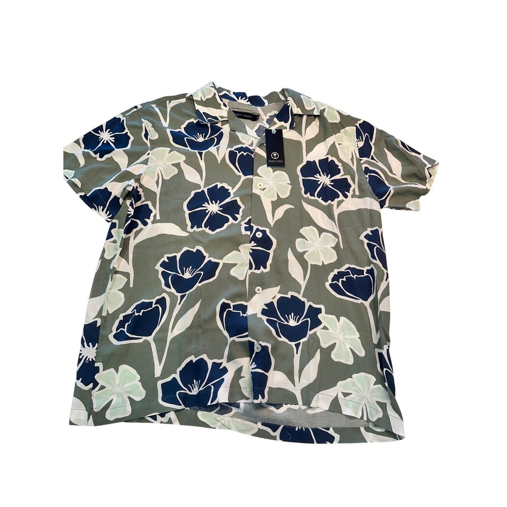 TrinityCoast Mens XL Floral Short Sleeve Button Down Rayon Camp Shirt Green Navy